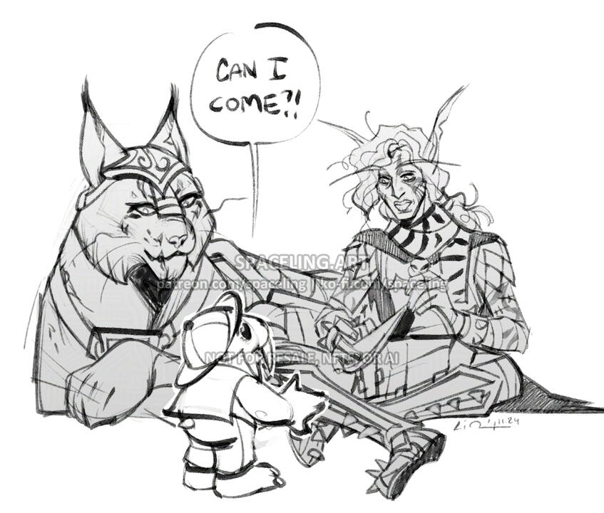 Fanart sketch of characters in the World of Warcraft setting. An undead elf, a death knight, is seated on the ground next to their giant risen lynx; meanwhile, a walrus-like tuskarr child has walked up excitedly and exclaims: "Can I come?!"