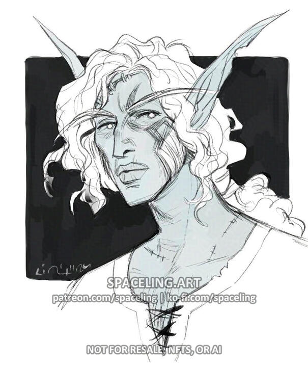 World of Warcraft fanart illustration. The image features a character with pointed ears and curly hair, depicted in a sketchy style. The character is facing slightly to the side, with a neutral expression. The background is a solid black, contrasting with