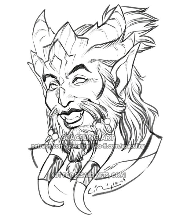 Black-and-white sketch portrait of a draenei from World of Warcraft who is smiling at the viewer. He has a bony crest on his forehead that grow into four horns on the sides of his head; a full beard and beaded moustache; long, pointed ears; and two thick t