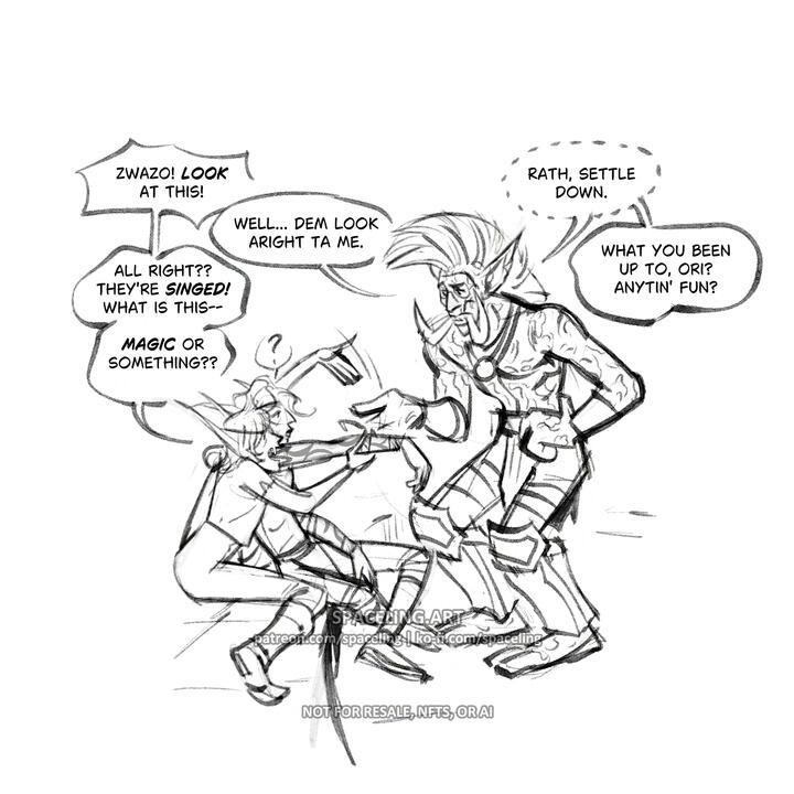 Fanart sketches of World of Warcraft characters. The same pair from the previous image, now their troll friend, Zwazo, has joined. The vampire, named Rath, is holding up the other elf's arm and gesturing at it dramatically. Zwazo speaks with an accent, but