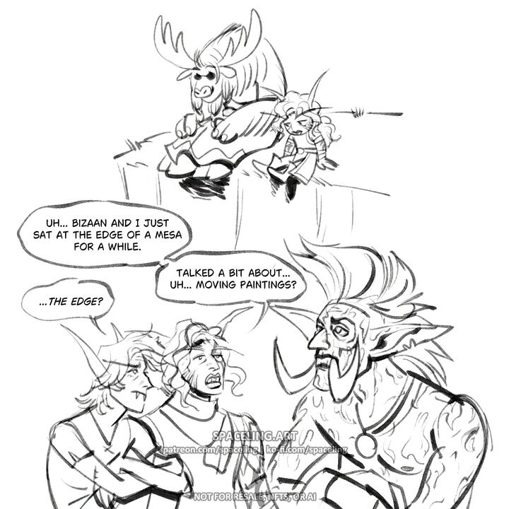Fanart sketches of World of Warcraft characters. Ori is now telling their two friends about their own recent activities with another friend, a Tauren named Bizaan. There is also a simplified, or chibi, drawing of Ori and Bizaan sitting at the edge of a cli