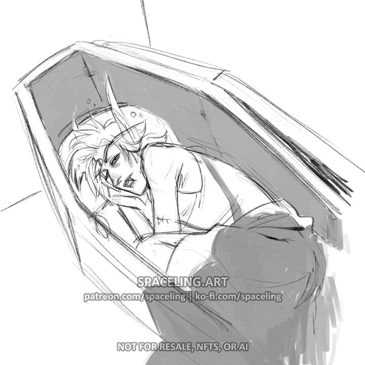 World of Warcraft fanart sketch. The image shows a character with messy hair and pointed ears lying in a coffin. They are resting their head on one hand, appearing relaxed. The coffin is sketched simply, with minimal detail, and the background is plain. A