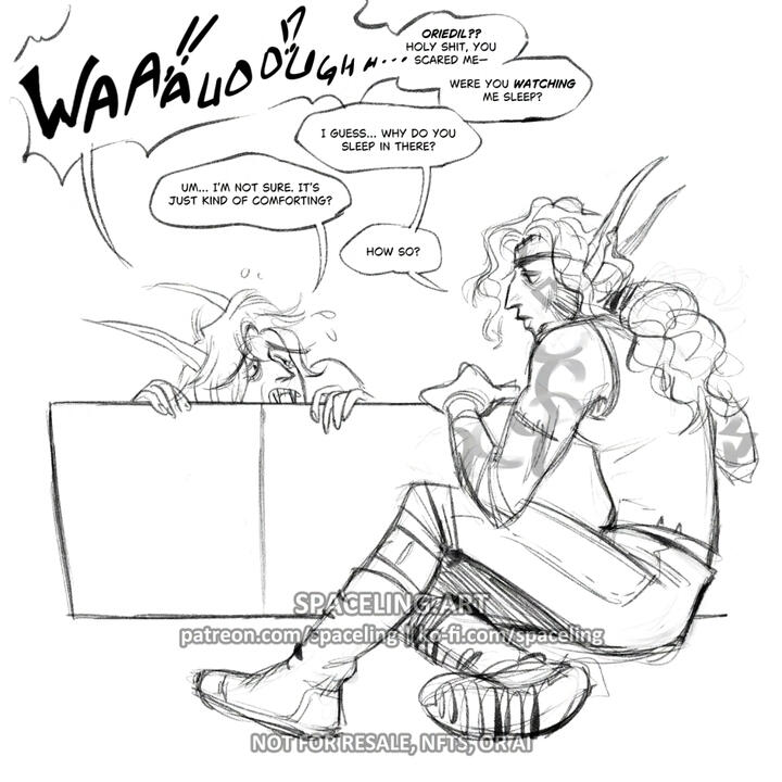 World of Warcraft fanart sketch. The image features two characters in a comic-style scene. One character, startled, is peeking over the edge of the coffin and shrieking. The other character, sitting calmly, engages in conversation, asking why the first cha
