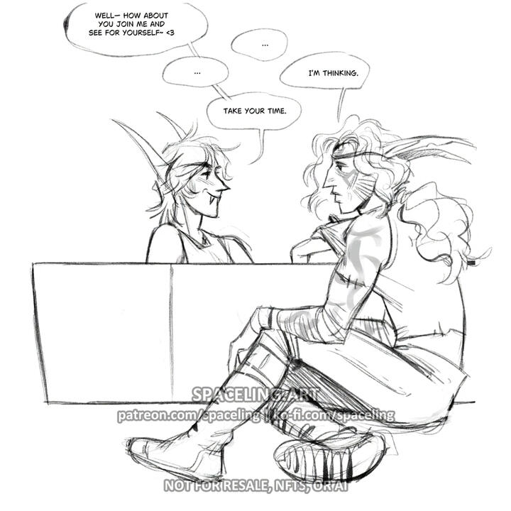World of Warcraft fanart sketch. The image features two characters in a comic-style scene, a continuation of the previous. One character, with a playful expression, invites the other to join them, and tugging at the collar of the other's shirt. The second